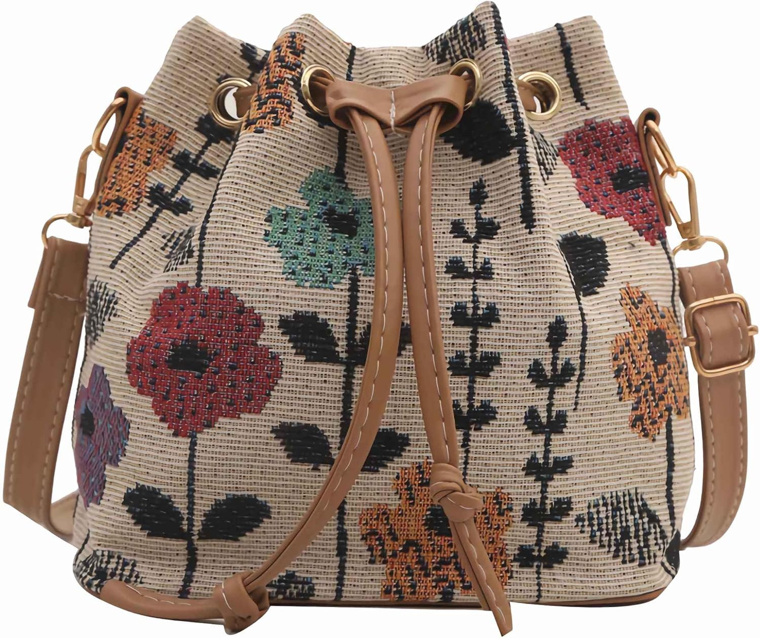 Women's Floral Embroidery Canvas Tote Bag Beige