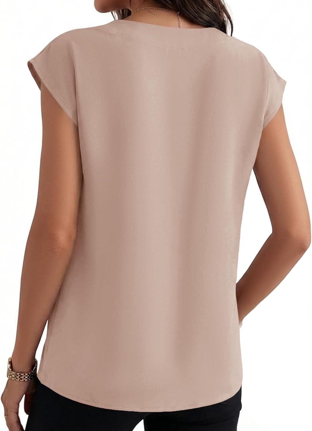 Women's V Neck Cap Sleeve Chiffon Blouse Solid Beige