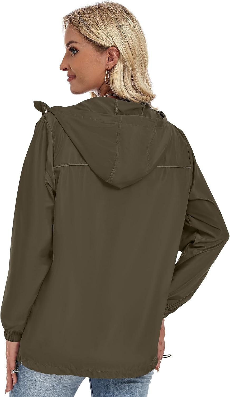 Women's Packable Hooded Windbreaker Rain Jacket Army Green
