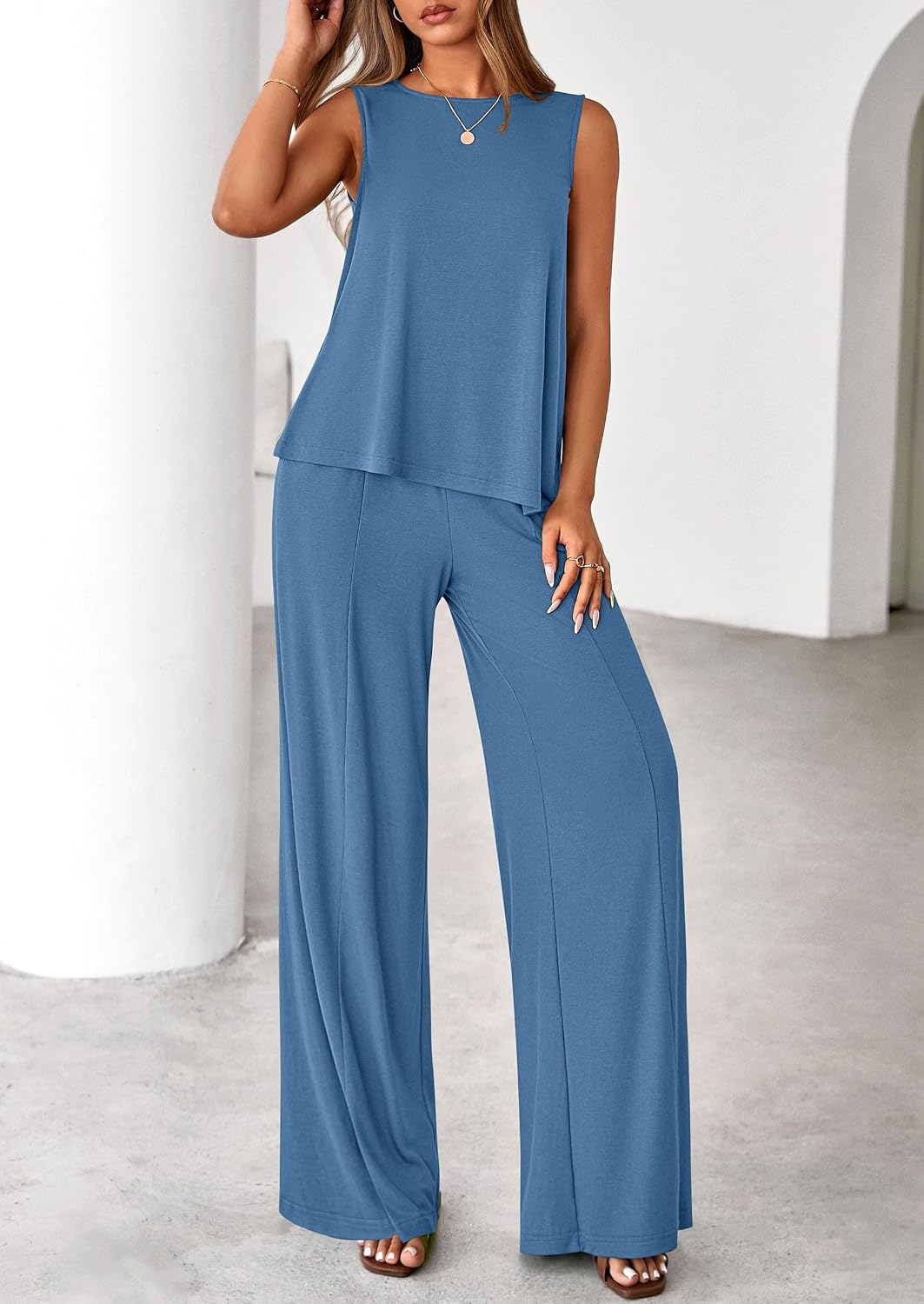 Women's 2 Piece Lounge Set Asymmetrical Tank Dusty Blue