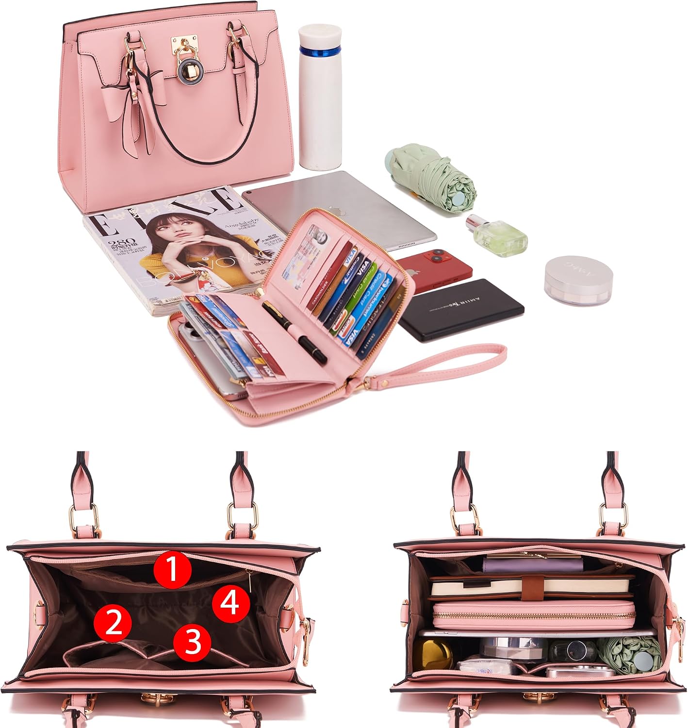 Women's Top-Handle Satchel Handbag with Wallet, Pink