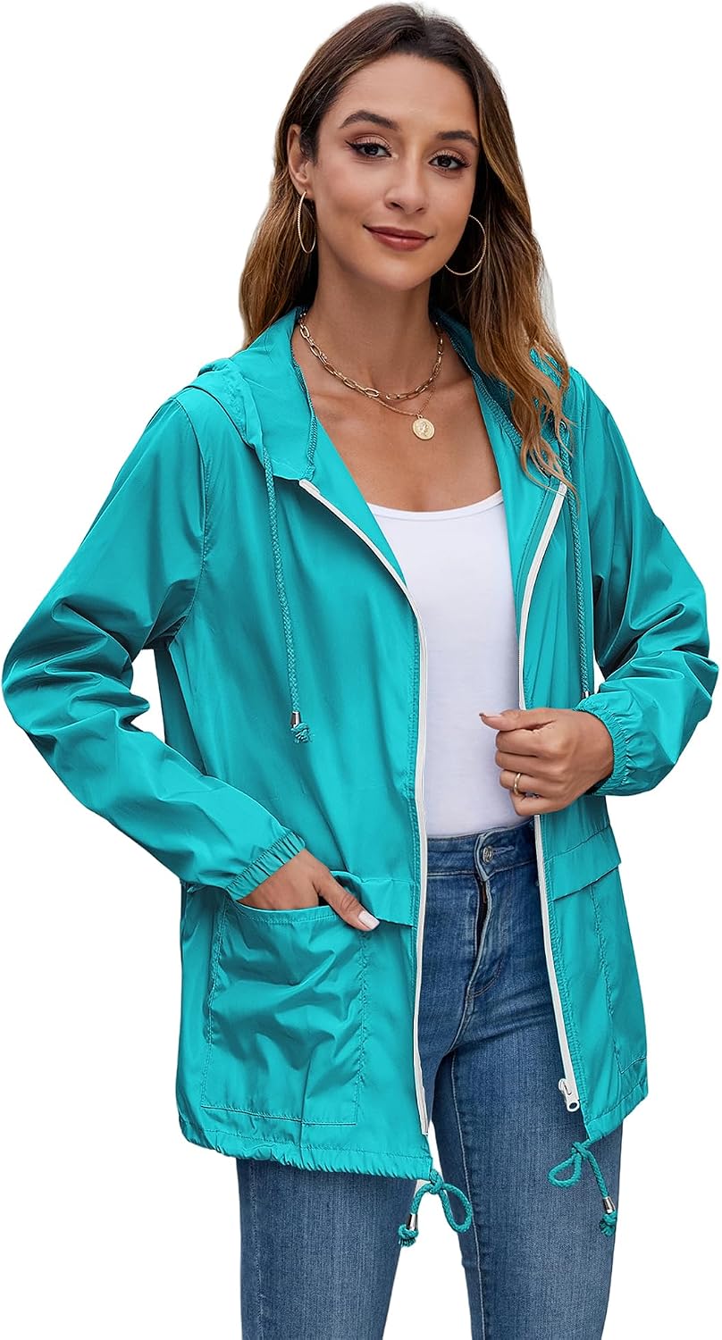 Women's Packable Hooded Rain Jacket Waterproof Teal