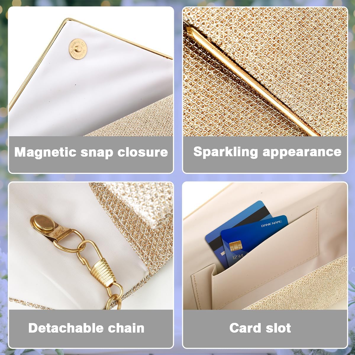 Women's Gold Glitter Envelope Clutch with Detachable Chain