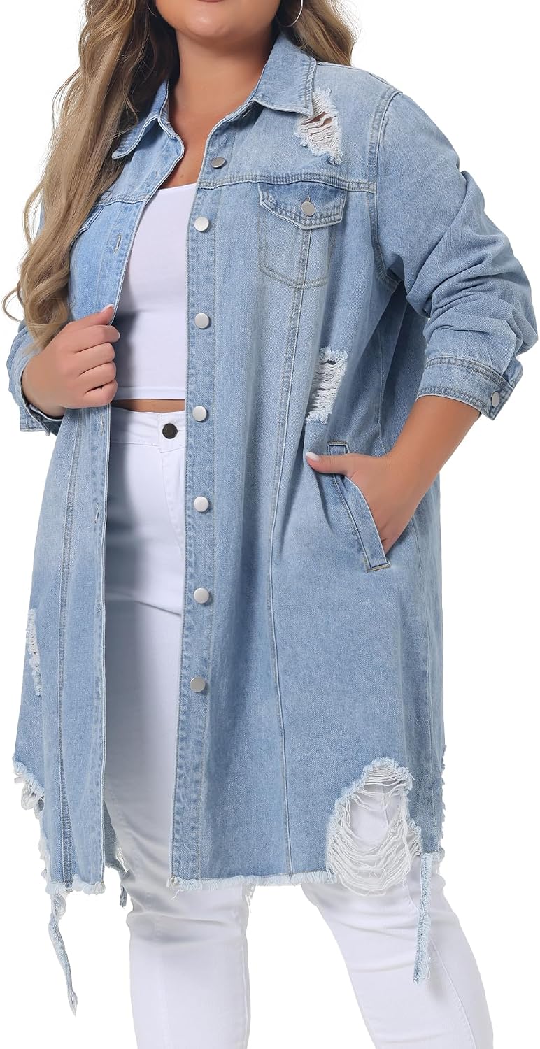 Women's Plus Size Distressed Long Denim Jacket Frayed Hem Women's Plus Size Distressed Long Denim Jacket Frayed Hem