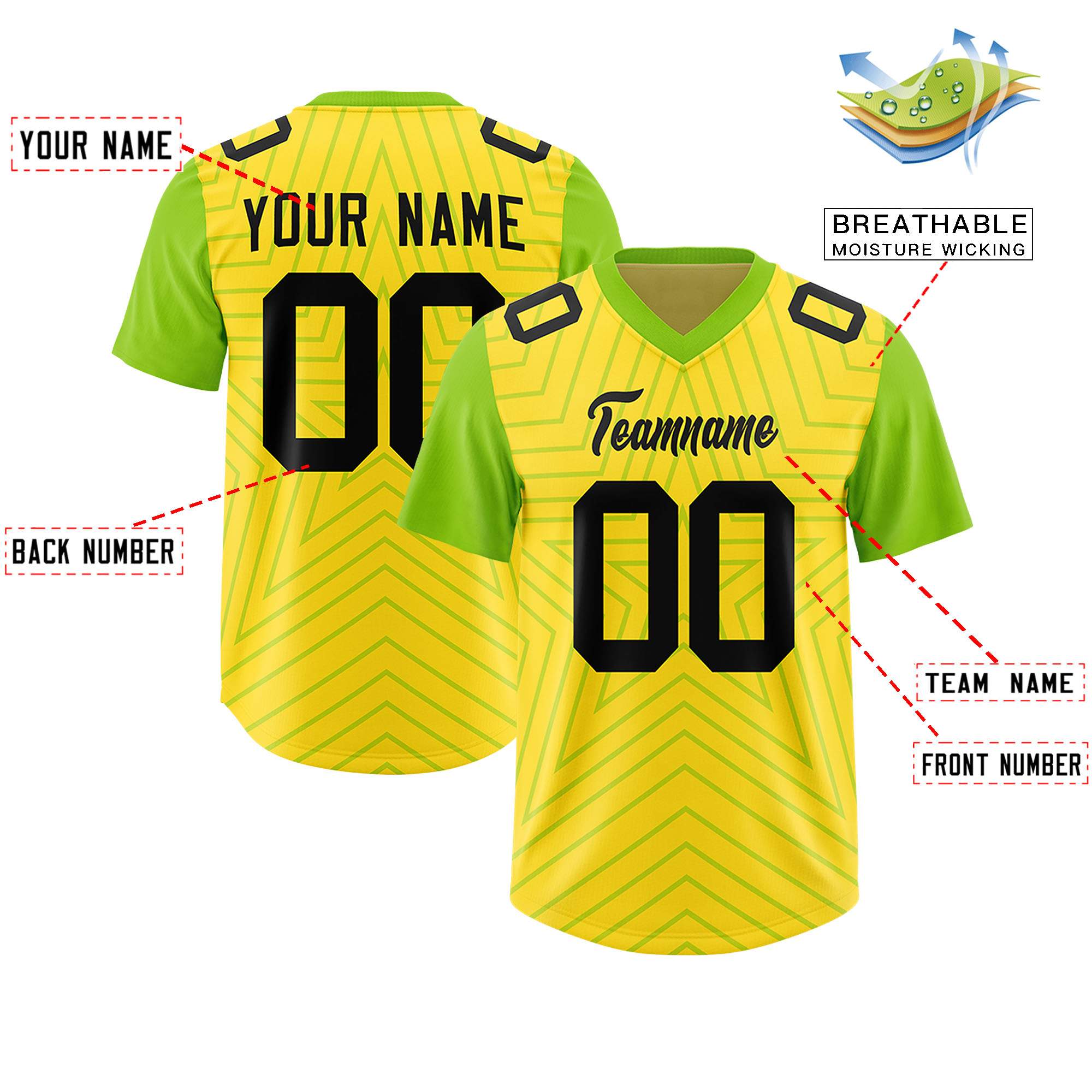 Individuell personalisiertes, authentisches Fußballtrikot mit Raglanärmeln und Sternenmuster