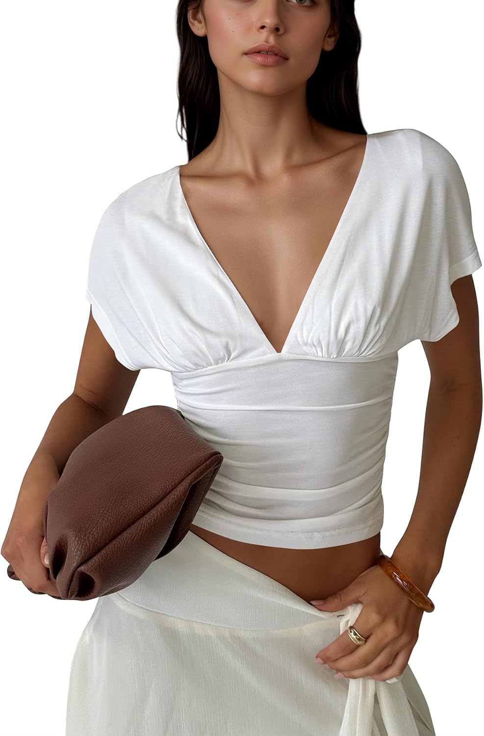 Women's Deep V Neck Ruched Waist Crop Top White