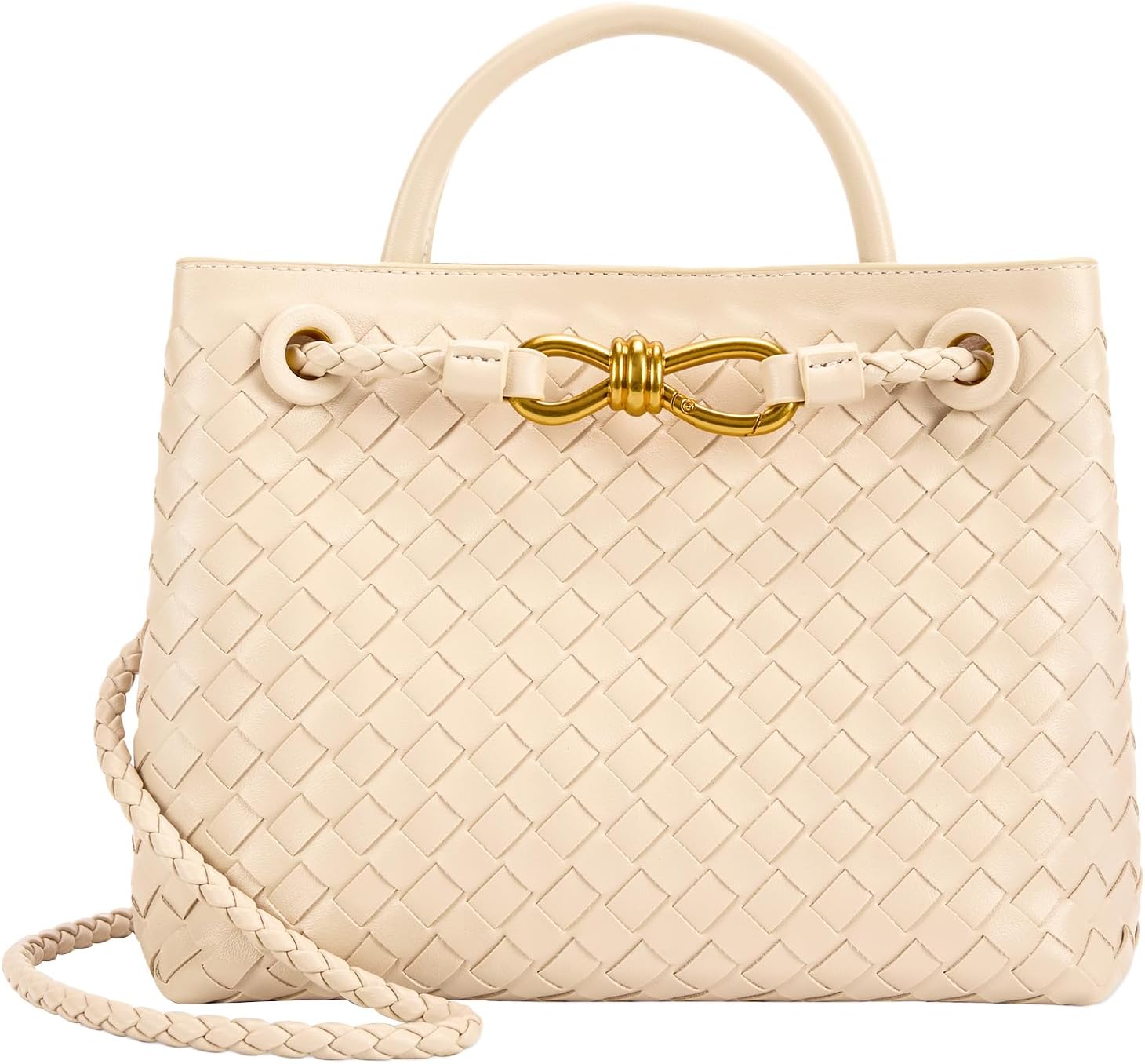 Women's Woven Vegan Leather Top-Handle Bag, Cream