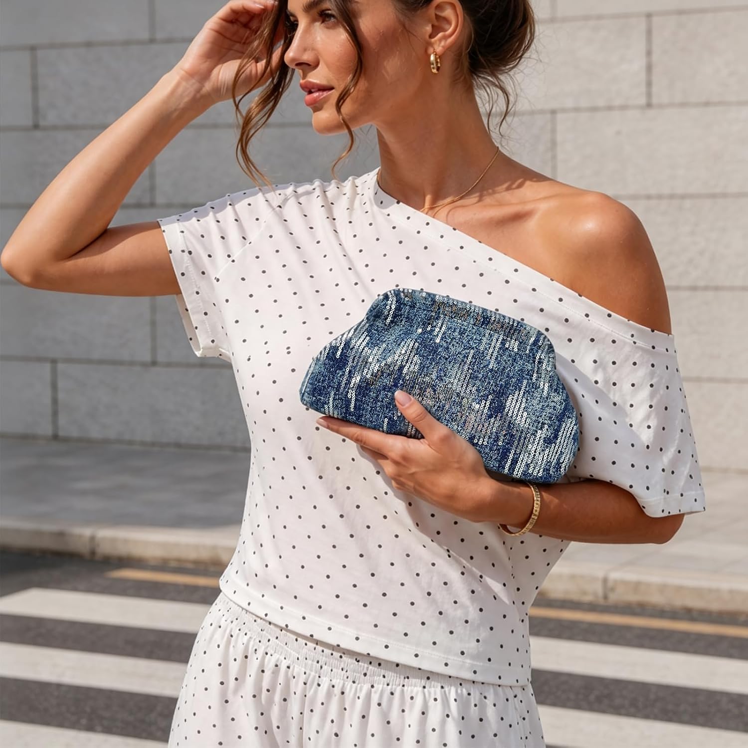 Women's Sequin Denim Clutch Purse Sparkly Blue Evening Bag
