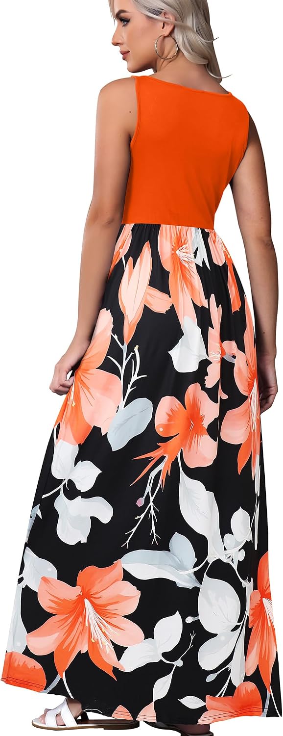 Women's Floral Print Maxi Dress Tank Scoop Neck Orange
