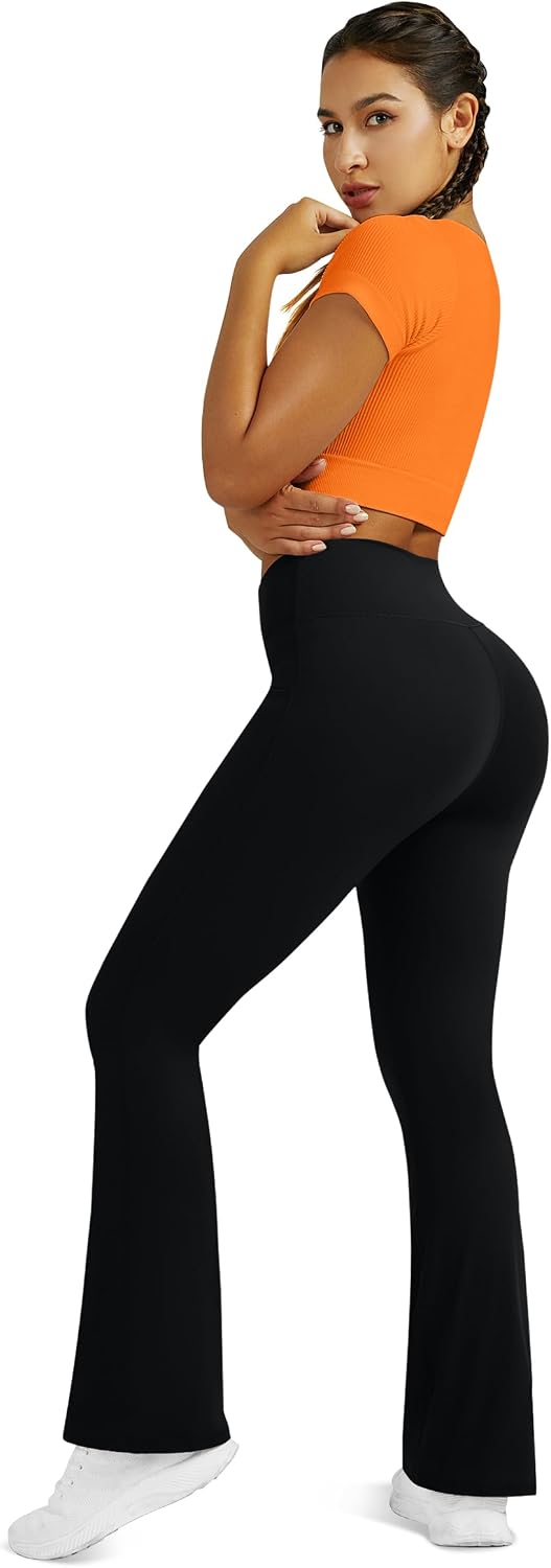 Women's Crossover Waist Flare Leggings with Pockets (Black)