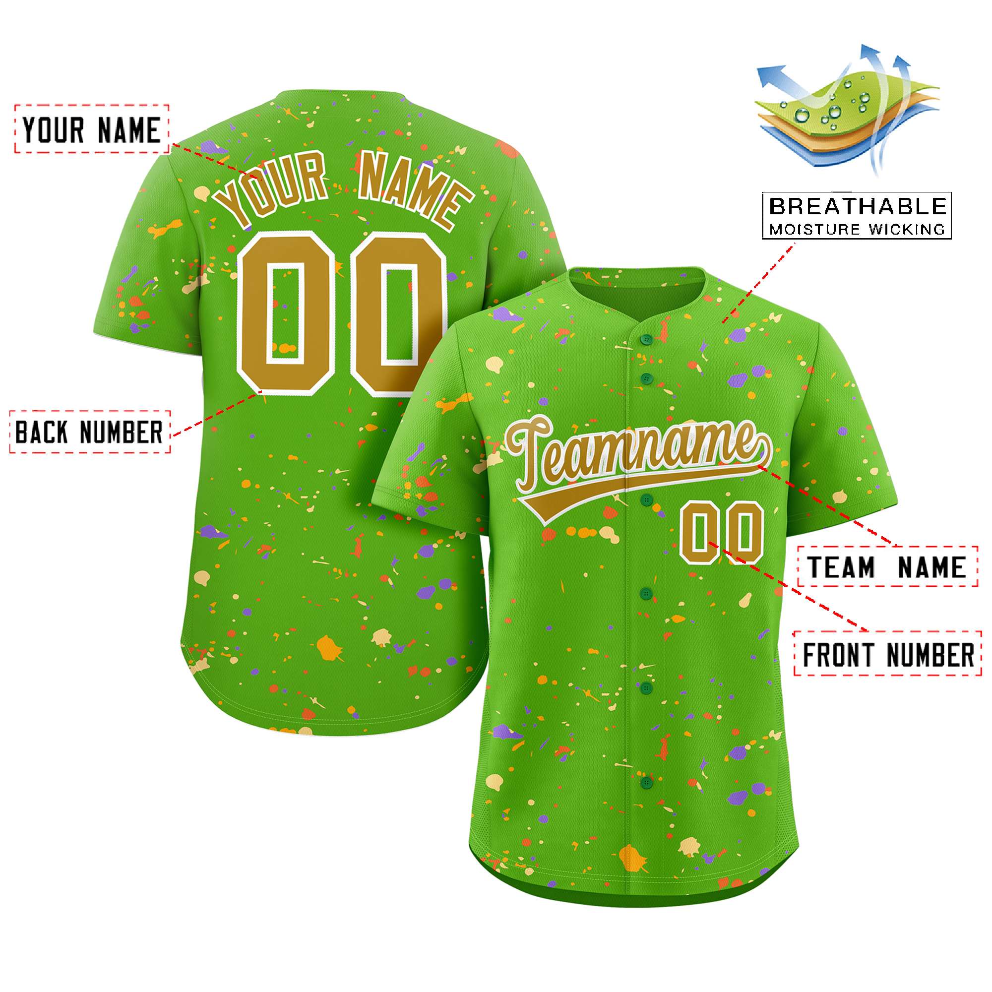 Benutzerdefiniertes authentisches Baseball-Trikot mit grünem Altgold-Weiß-Spritzer-Graffiti-Muster Benutzerdefiniertes authentisches Baseball-Trikot mit grünem Altgold-Weiß-Spritzer-Graffiti-Muster