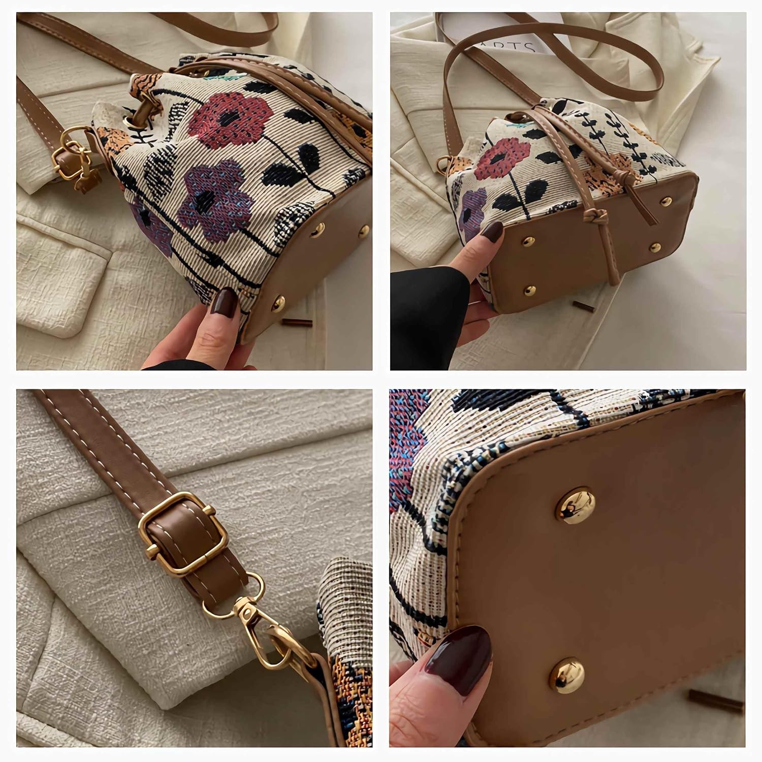 Women's Floral Embroidery Canvas Tote Bag Beige Women's Floral Embroidery Canvas Tote Bag Beige
