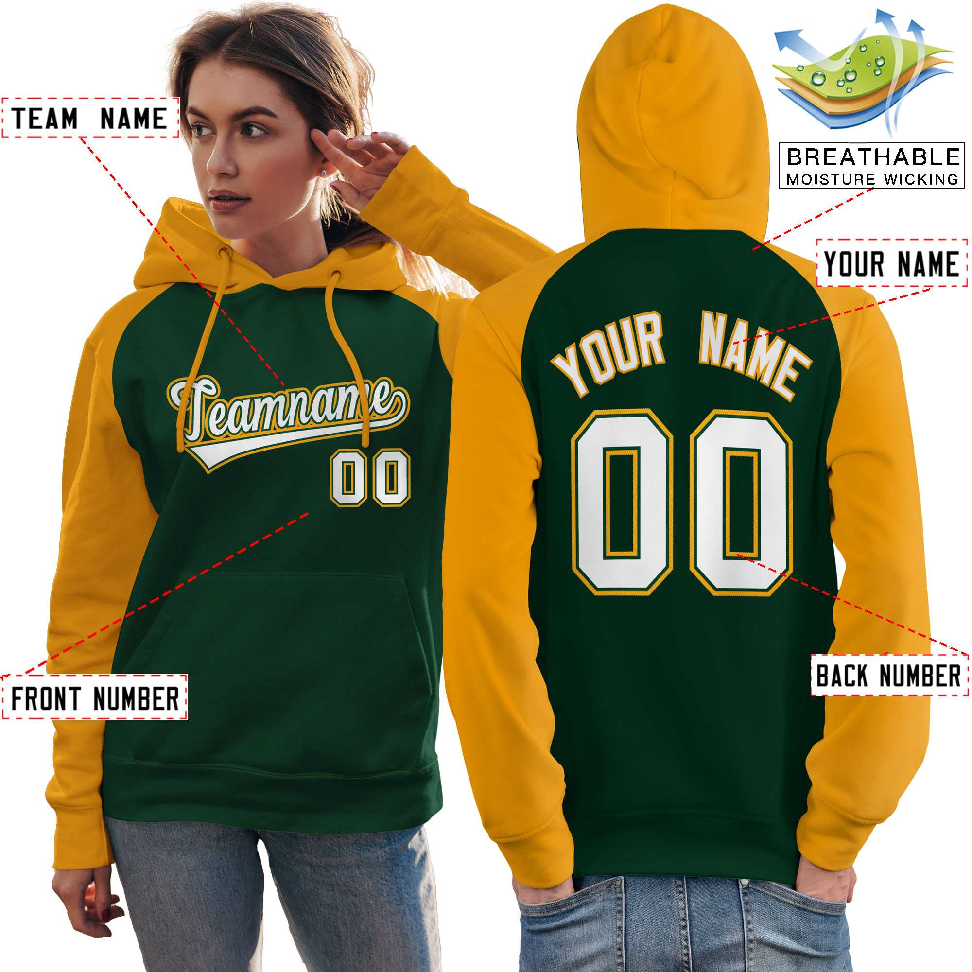 Individuell genähtes Sport-Pullover-Sweatshirt mit Raglanärmeln in Grün-Gold-Weiß für Damen