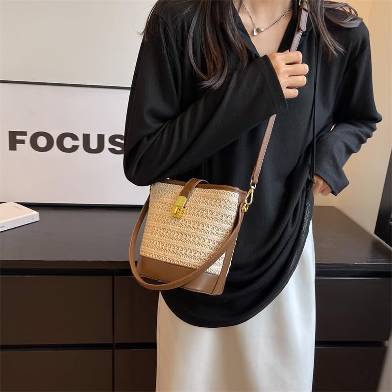 Women's Straw Woven Top-Handle Bucket Bag, Tan Women's Straw Woven Top-Handle Bucket Bag, Tan