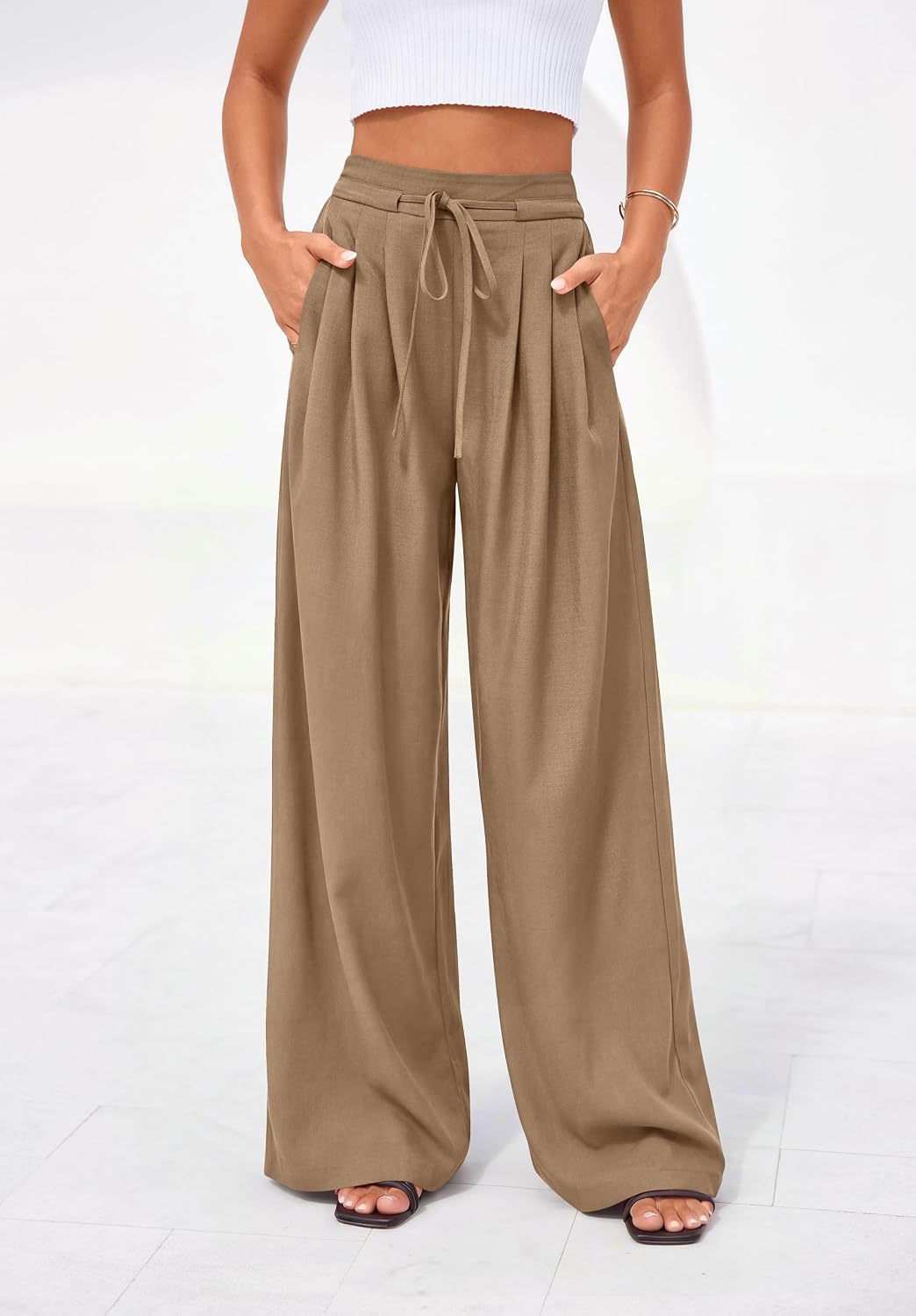 Womens Summer Wide Leg Dress Pants Business Casual Work High Waist Baggy Tie Trousers Pleated Palazzo Slacks