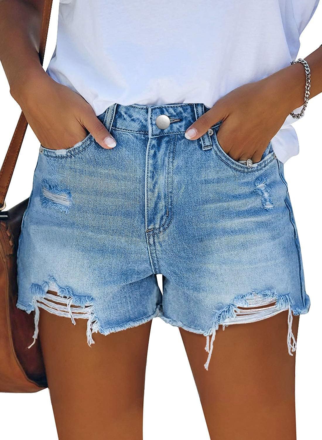 Women's High Waisted Ripped Raw Hem Jean Shorts