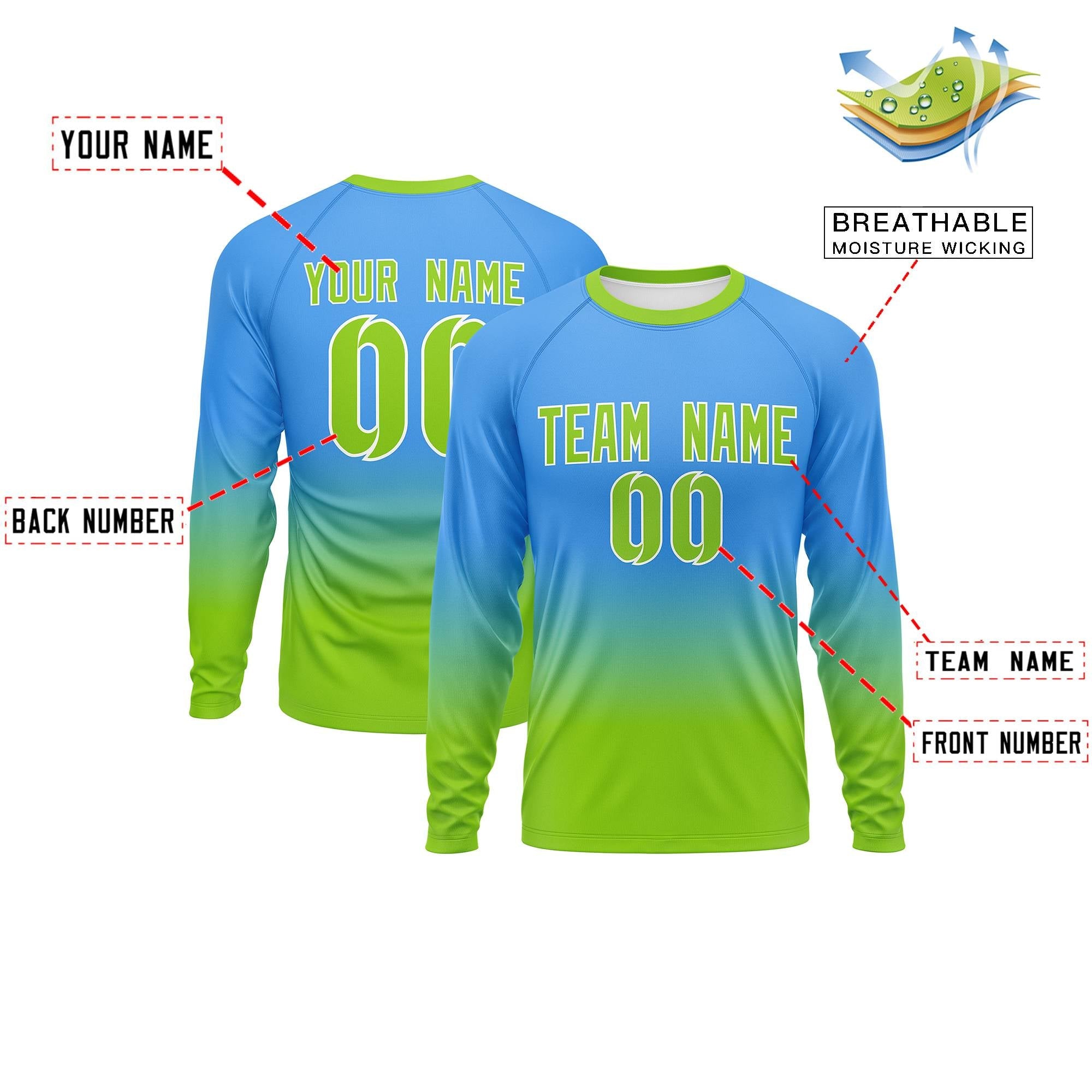 Benutzerdefiniertes Langarm-Performance-T-Shirt mit Farbverlauf in Puderblau und Neongrün mit Farbverlauf