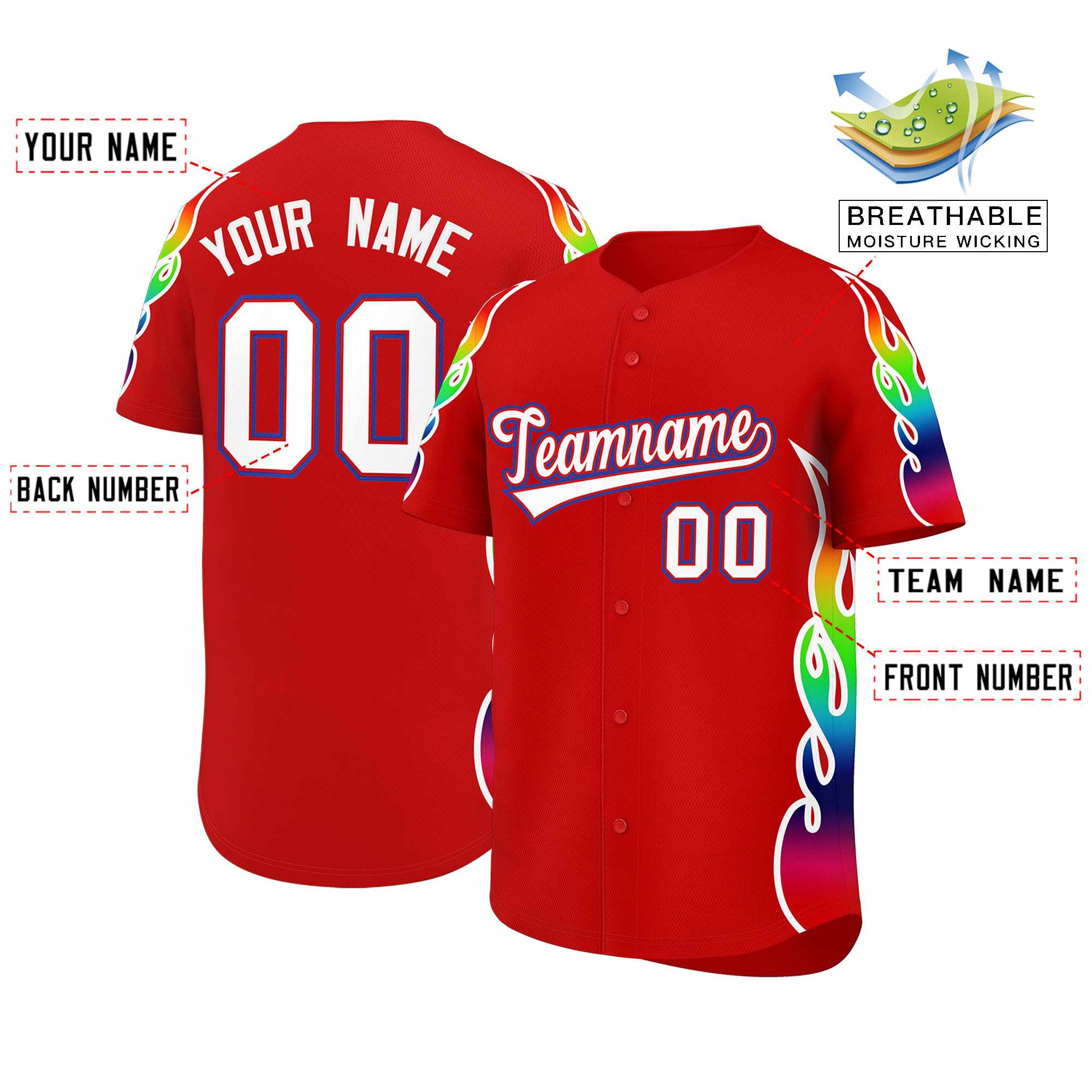 Benutzerdefiniertes Graffiti-Muster, personalisierter mehrfarbiger Flammendruck, authentisches Baseball-Trikot