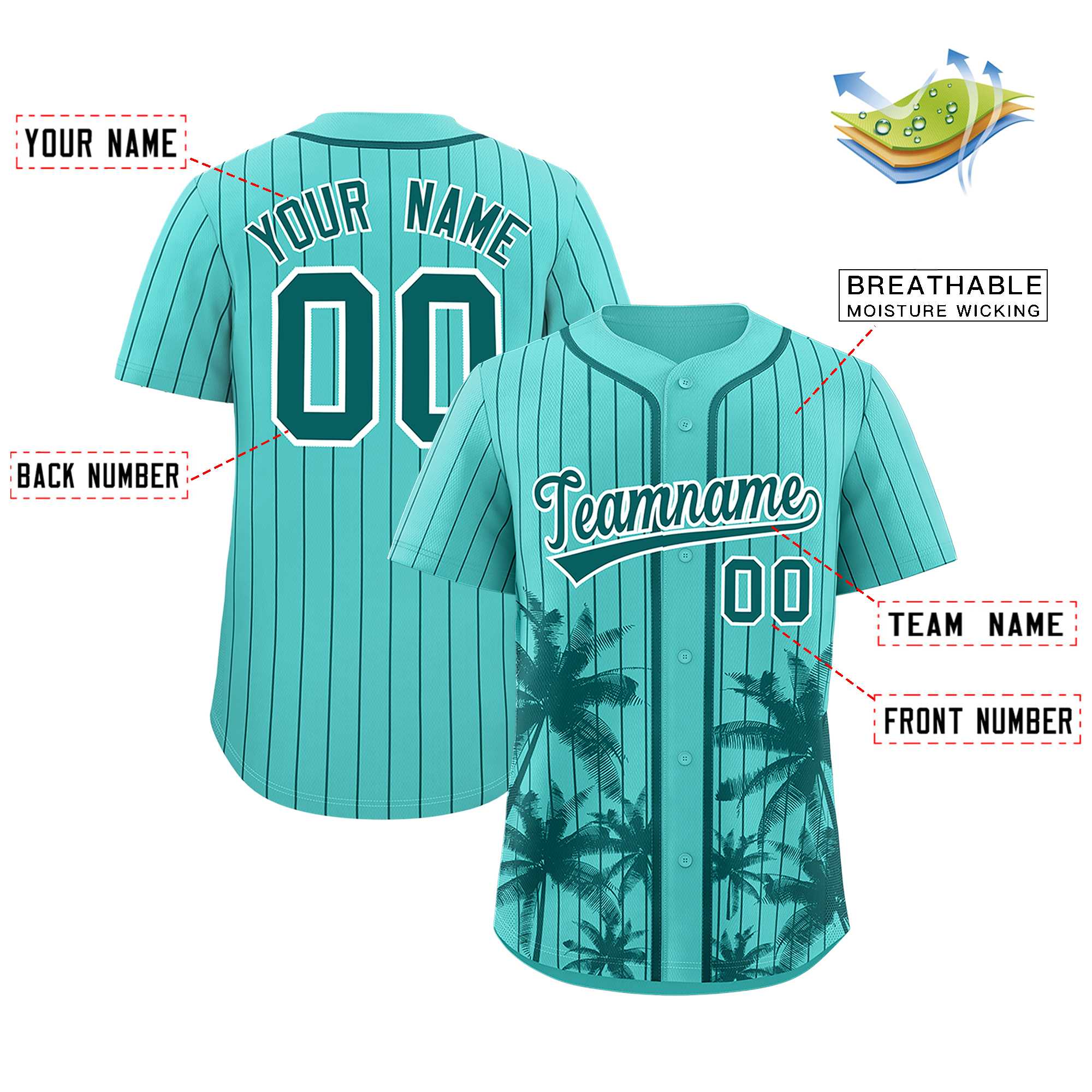Benutzerdefiniertes leuchtend grünes Aqua-Nadelstreifen-Kokosnussbaum-Muster, authentisches Baseball-Trikot