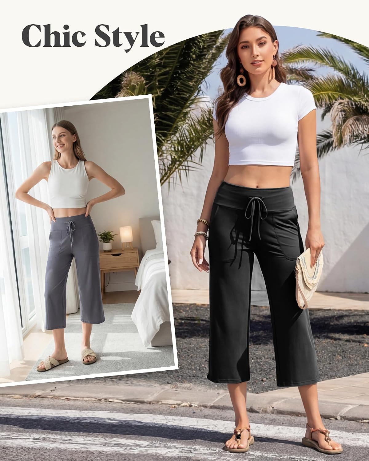 Capri Pants for Women - Wide Leg Loose Trousers with Pockets Summer High Waisted Drawstring