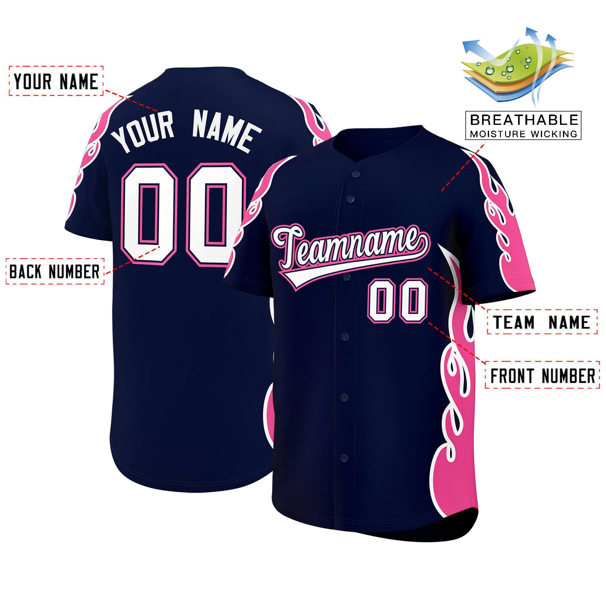 Benutzerdefiniertes Baseball-Trikot mit Seitenflammen-Umrissmuster für Sportuniformen
