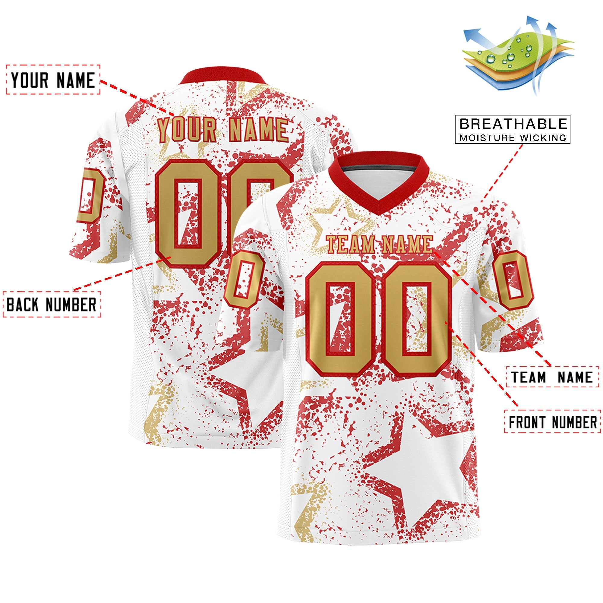 Benutzerdefiniertes, personalisiertes Star-Graffiti-Muster in Weiß, Rot und Altgold, authentisches Fußballtrikot