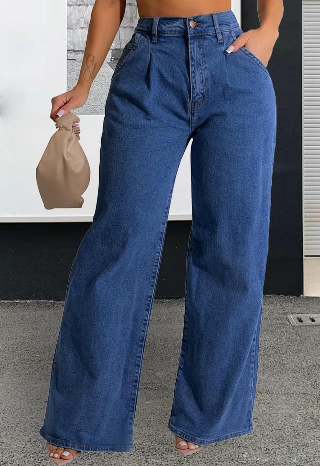Women's High Rise Baggy Wide Leg Jeans Mid Wash