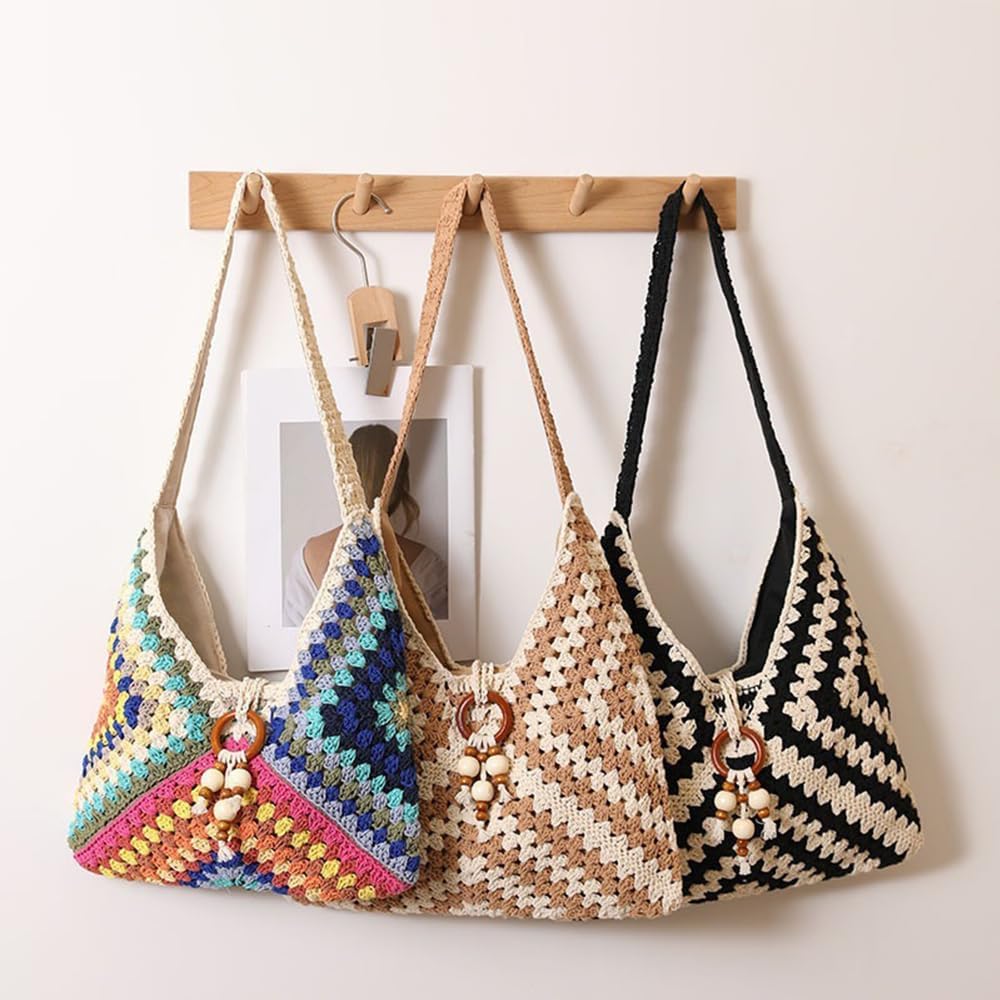 Women's Crochet Granny Square Hobo Shoulder Bag, Multicolor