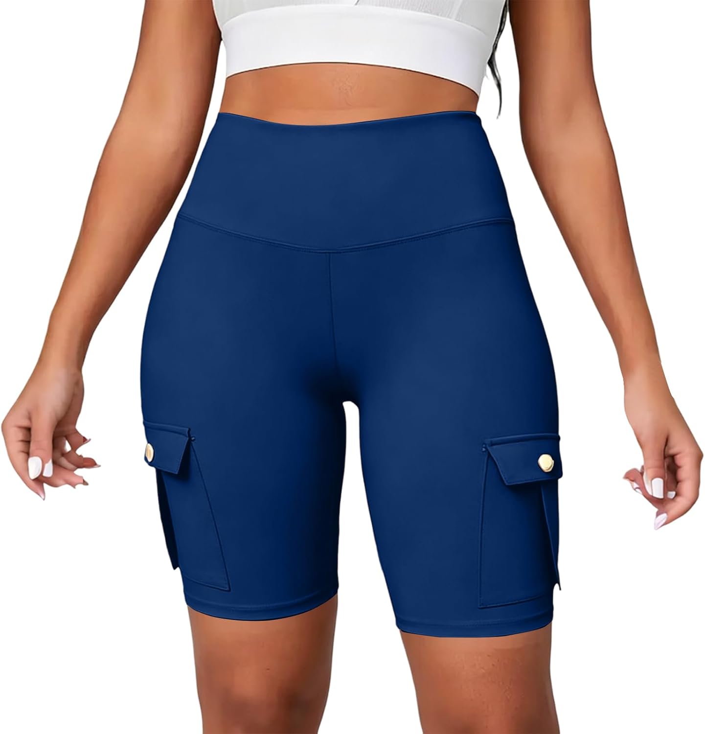 Workout Shorts Women Cargo Tummy Control Biker with Pockets High waisted multi button suited for gym workouts and daily casual errands