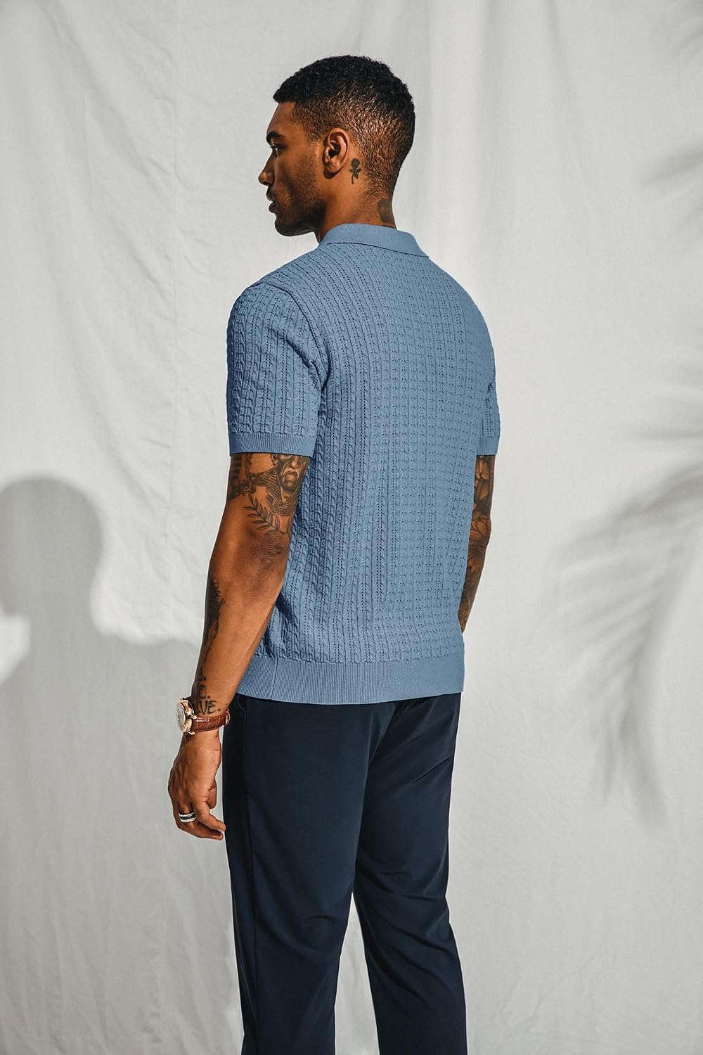 Men's Cable Knit Polo Shirt Short Sleeve Blue Men's Cable Knit Polo Shirt Short Sleeve Blue