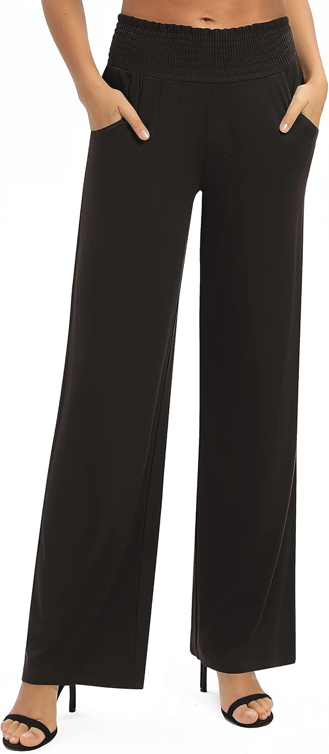 Womens High Waist Flowy Palazzo Pants Elastic Wide Leg Stretchy Straight Lounge Trousers