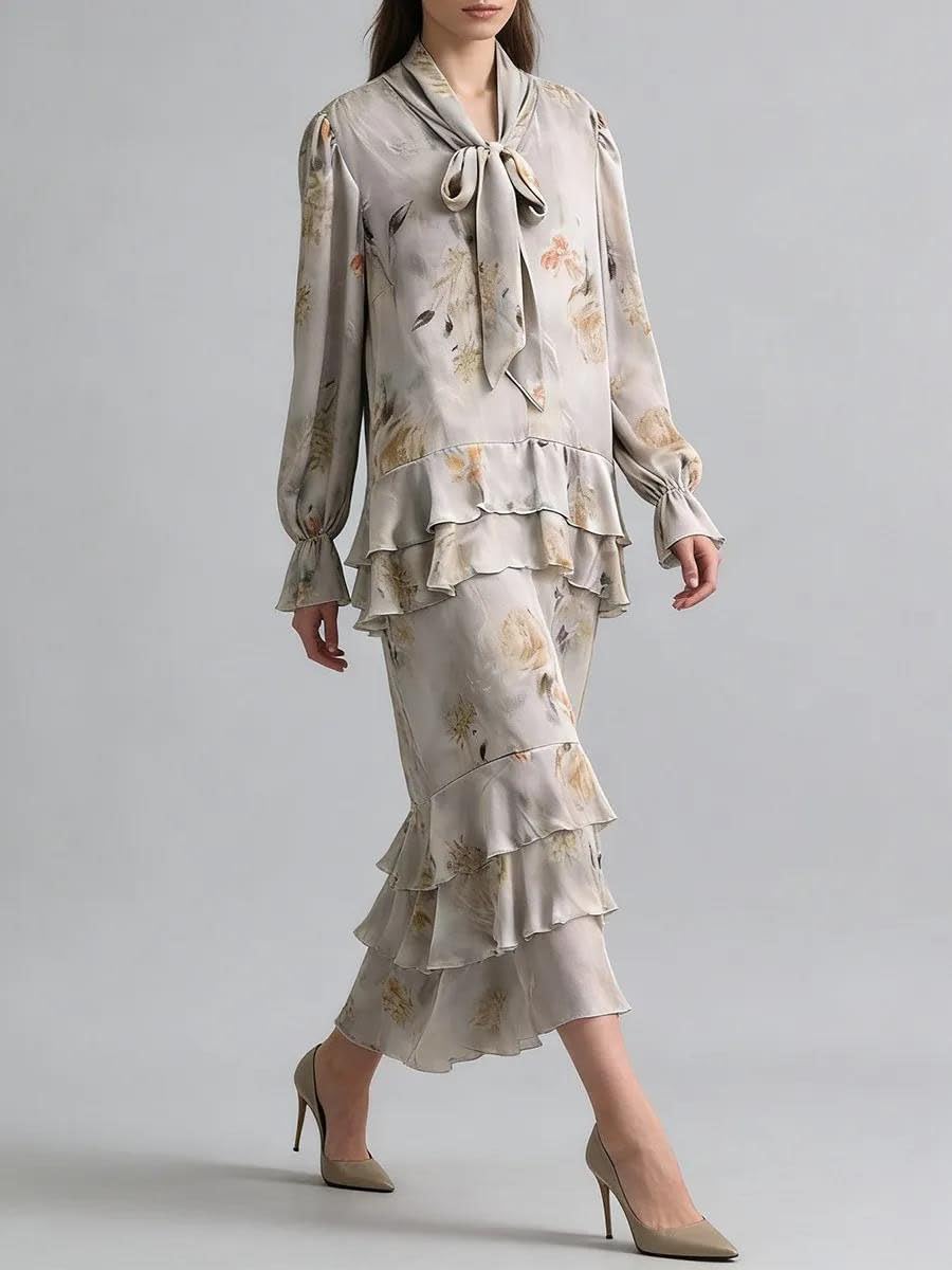 Women's Floral Tie Neck Maxi Dress Long Sleeve Ruffle