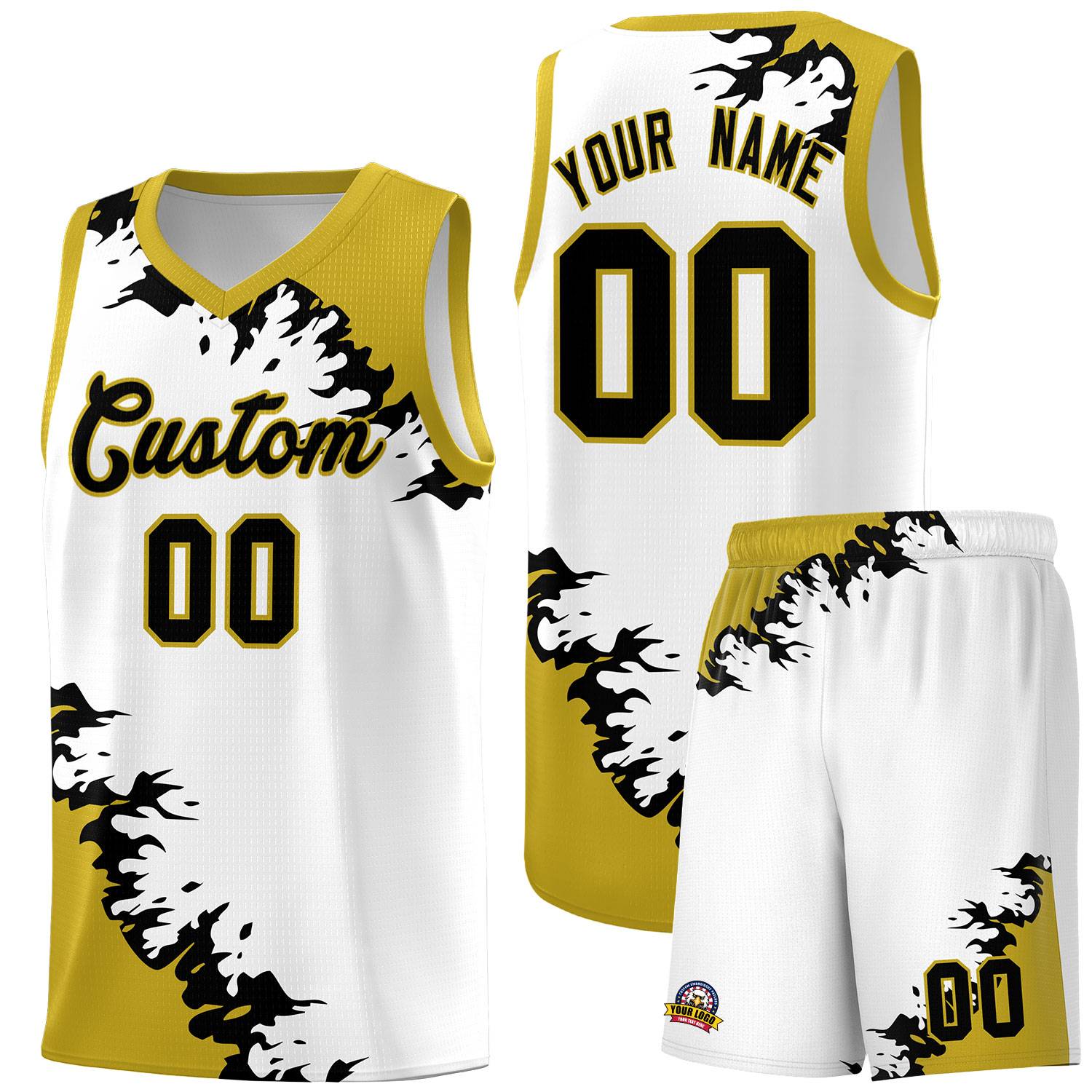 Benutzerdefinierte Basketball-Kits mit weißem Altgold-Schwarz-Scheindruckmuster