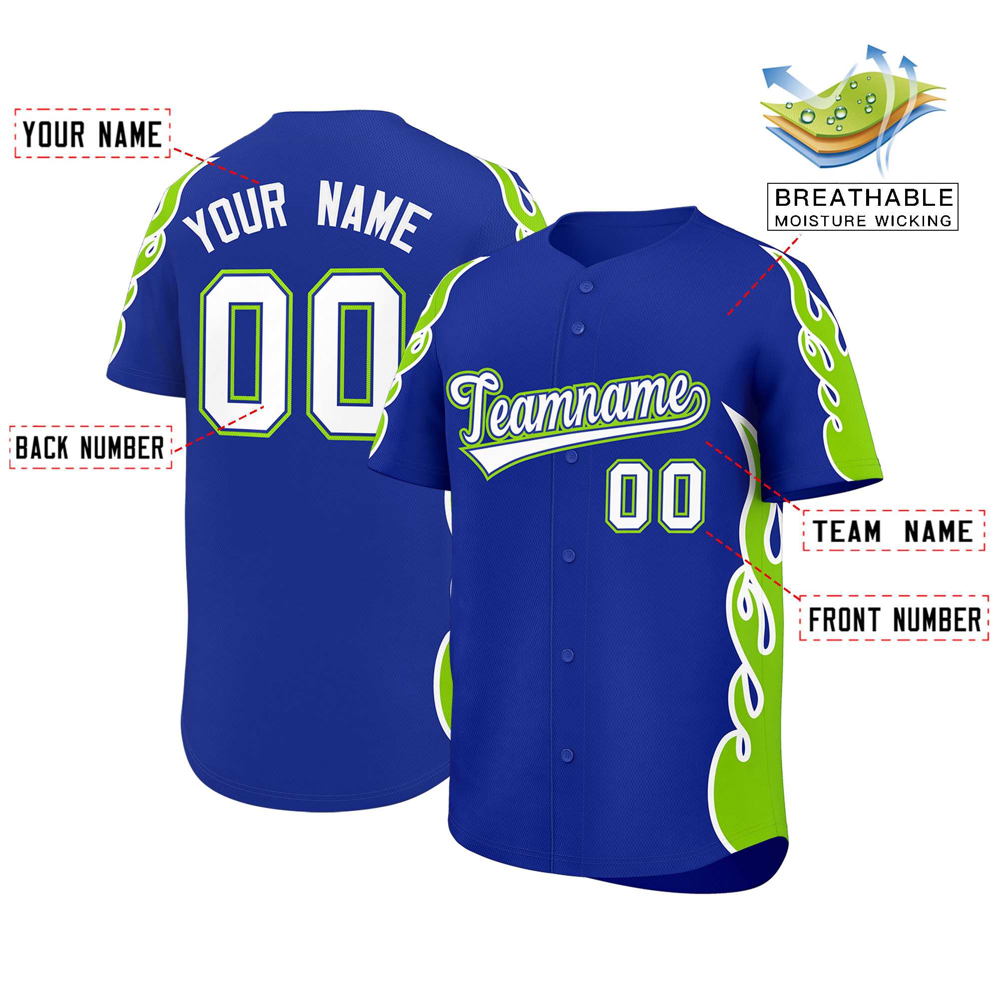 Benutzerdefiniertes Baseball-Trikot mit Seitenflammen-Umrissmuster für Sportuniformen