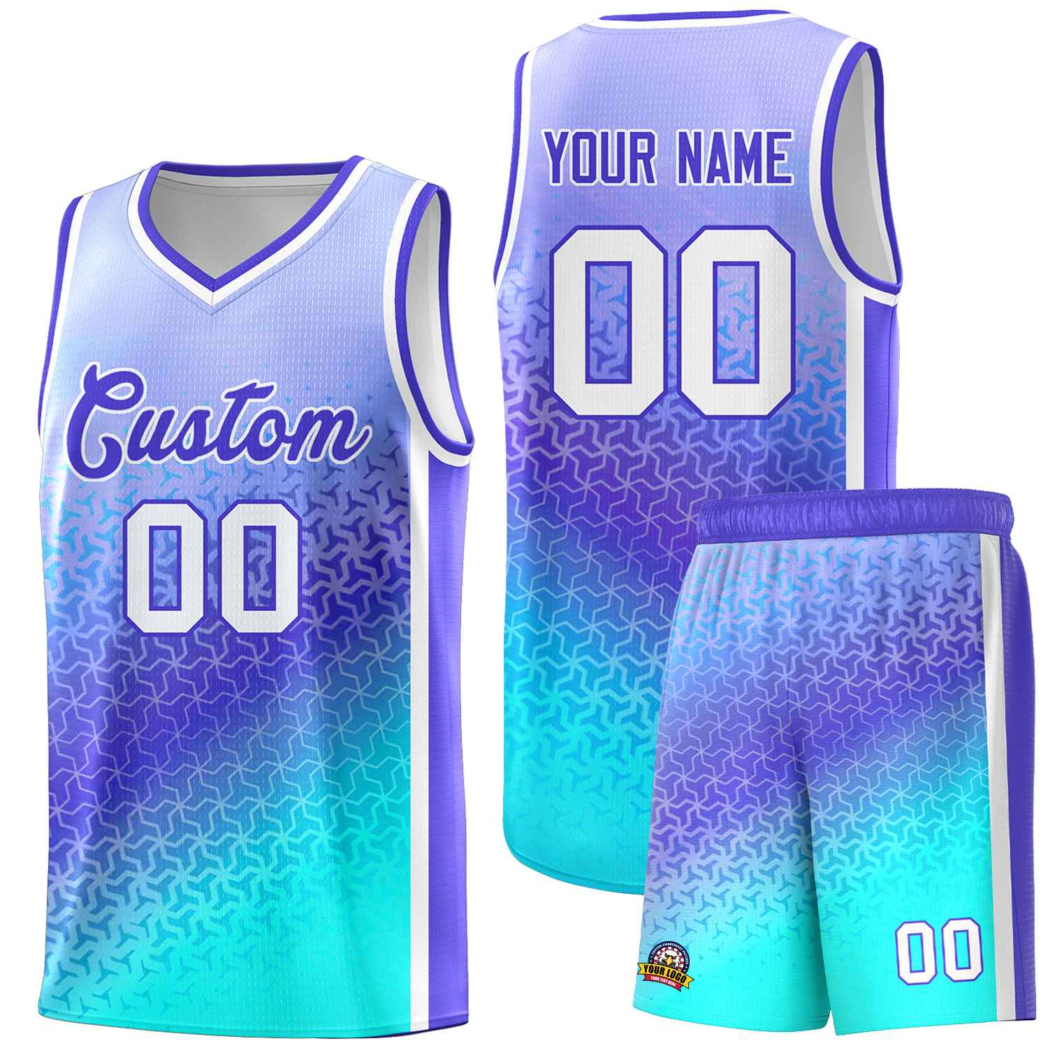 Benutzerdefiniertes hellviolettes himmelblaues Farbverlaufsdesign mit unregelmäßigen Formen und Mustern für Sportuniform-Basketballtrikots