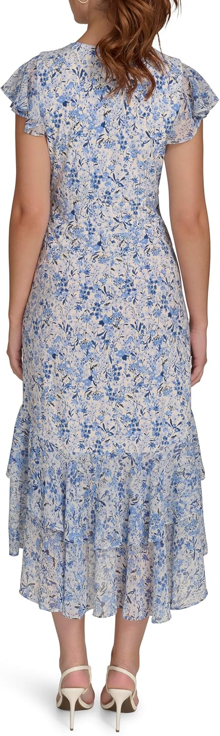 Women's Flutter Sleeve V-Neck Ruffle Trim Hi-Lo Midi Dress Women's Flutter Sleeve V-Neck Ruffle Trim Hi-Lo Midi Dress