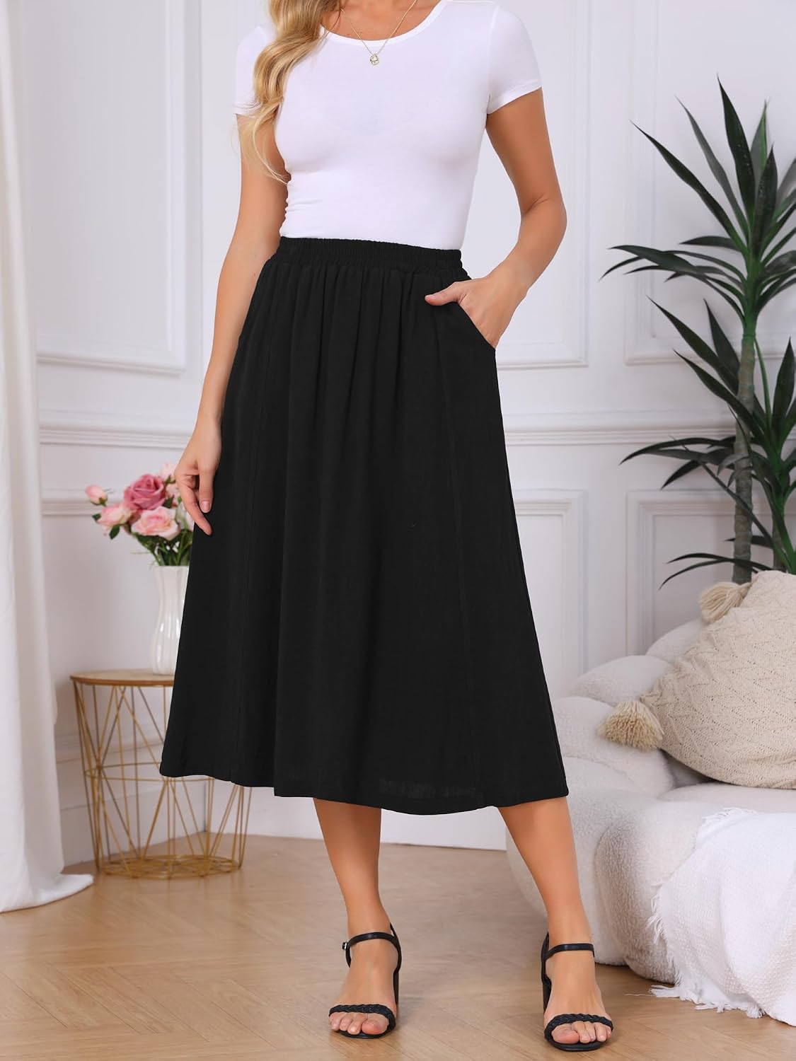 Women's Linen Skirt Summer Casual Flowy Swing Elastic High Waist A-Line Boho Midi Skirts with Pockets Women's Linen Skirt Summer Casual Flowy Swing Elastic High Waist A-Line Boho Midi Skirts with Pockets