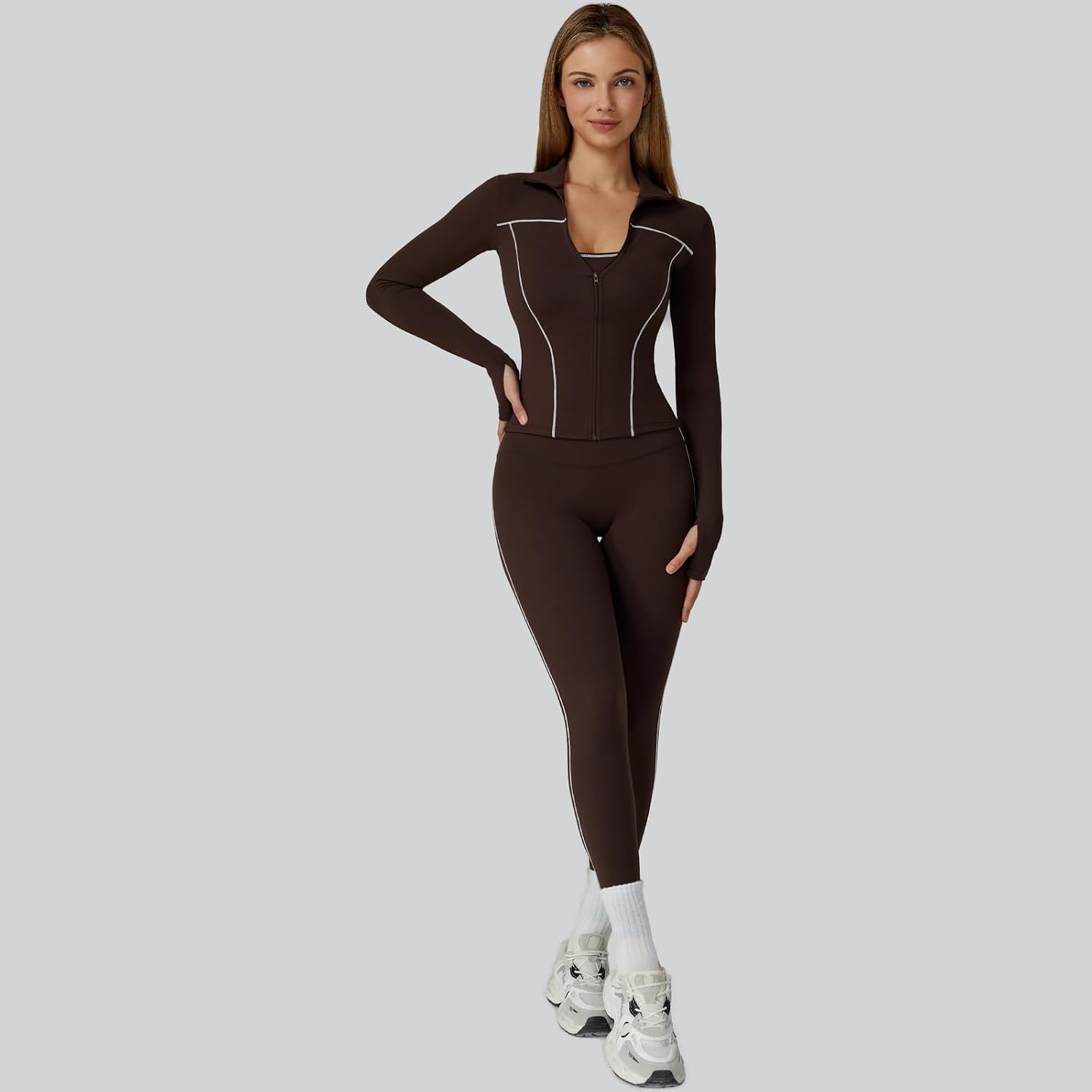Women's 3 Piece Zip Jacket Bra Leggings Set Coffee