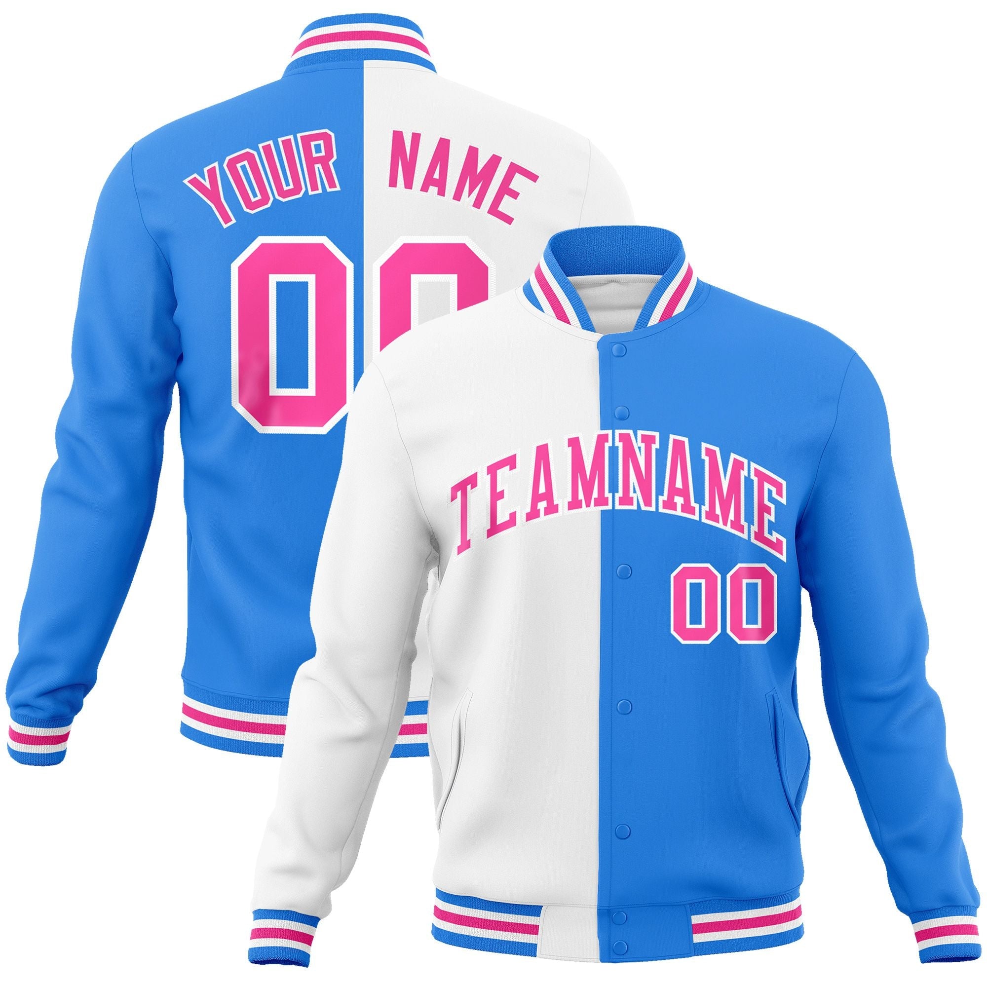 Custom Powder Blue-Pink Varsity Full-Snap Letterman Two Tone Split Fashion Jacket