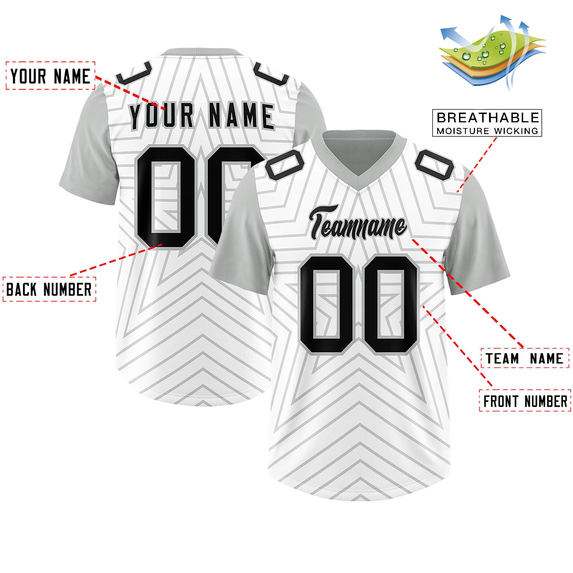 Individuell personalisiertes, authentisches Fußballtrikot mit Raglanärmeln und Sternenmuster