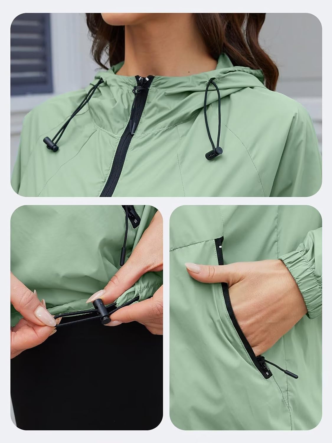 Women's Lightweight Packable Rain Jacket Hooded Sage Green