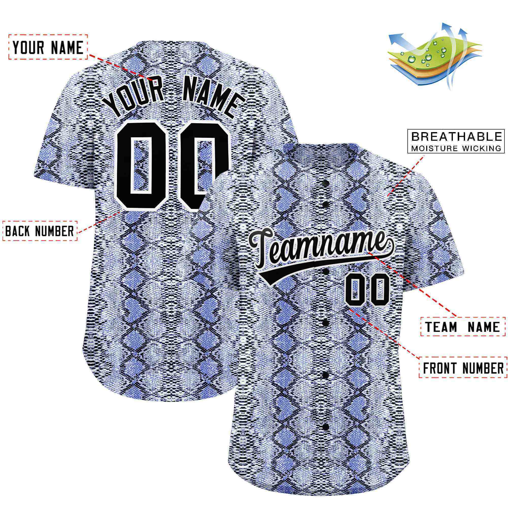 Benutzerdefiniertes authentisches Baseball-Trikot mit mehrfarbigem Schlangenledermuster