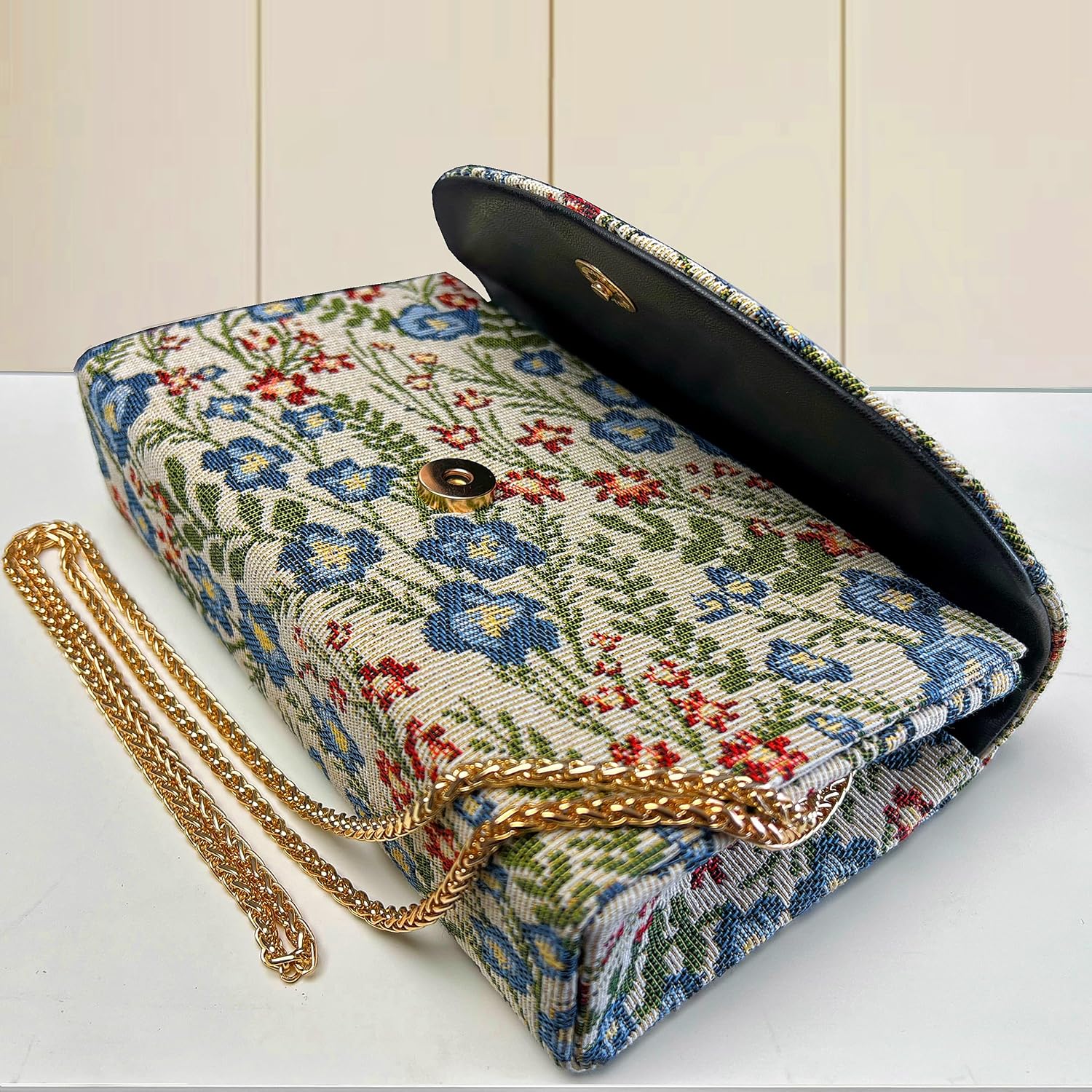 Women's Floral Tapestry Clutch with Gold Chain Strap