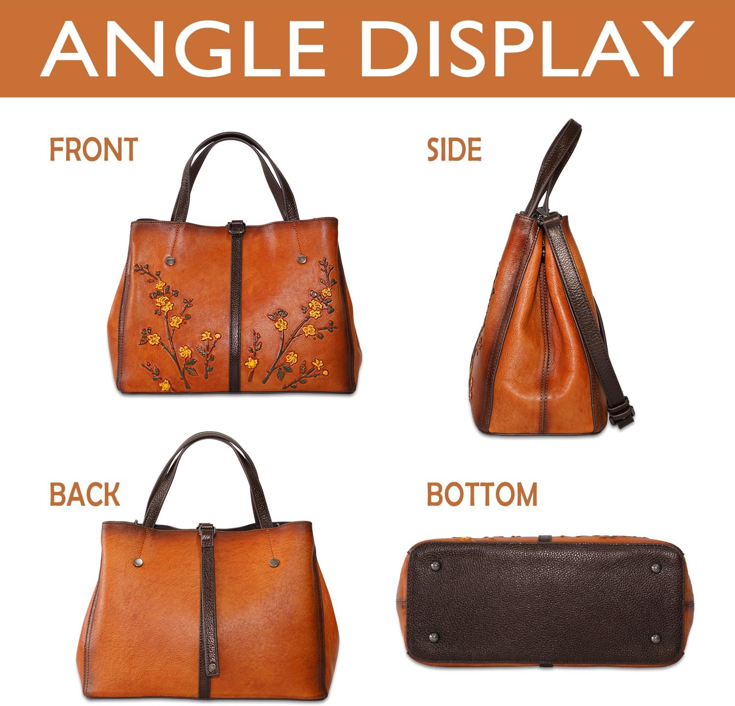 Women's Hand-Painted Floral Genuine Leather Tote Bag Orange Women's Hand-Painted Floral Genuine Leather Tote Bag Orange