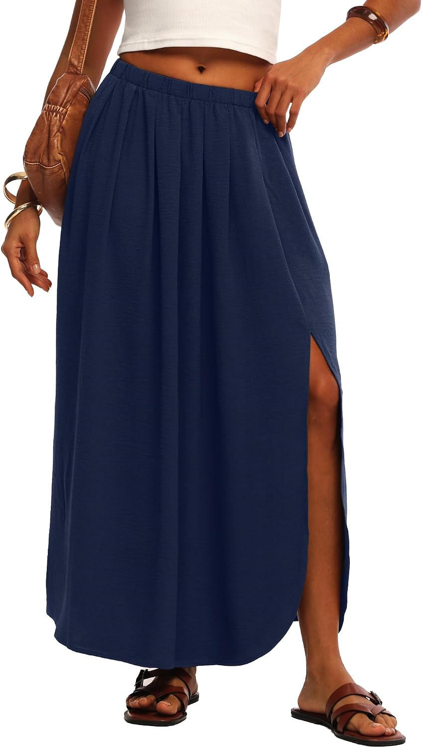 Womens Maxi Skirts High Waisted Flowy A Line Weekend Skirt with Side Slit for Spring Summer