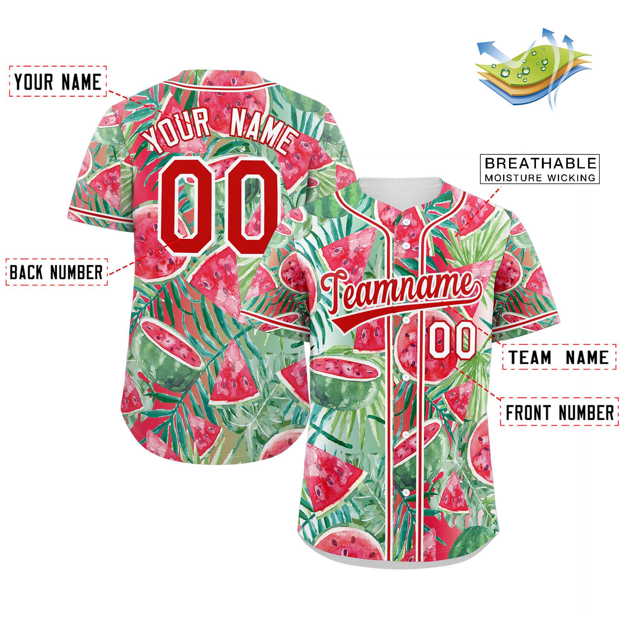 Benutzerdefiniertes authentisches Wassermelonen-Baseballtrikot mit Graffiti-Muster in Rot, Rot und Weiß