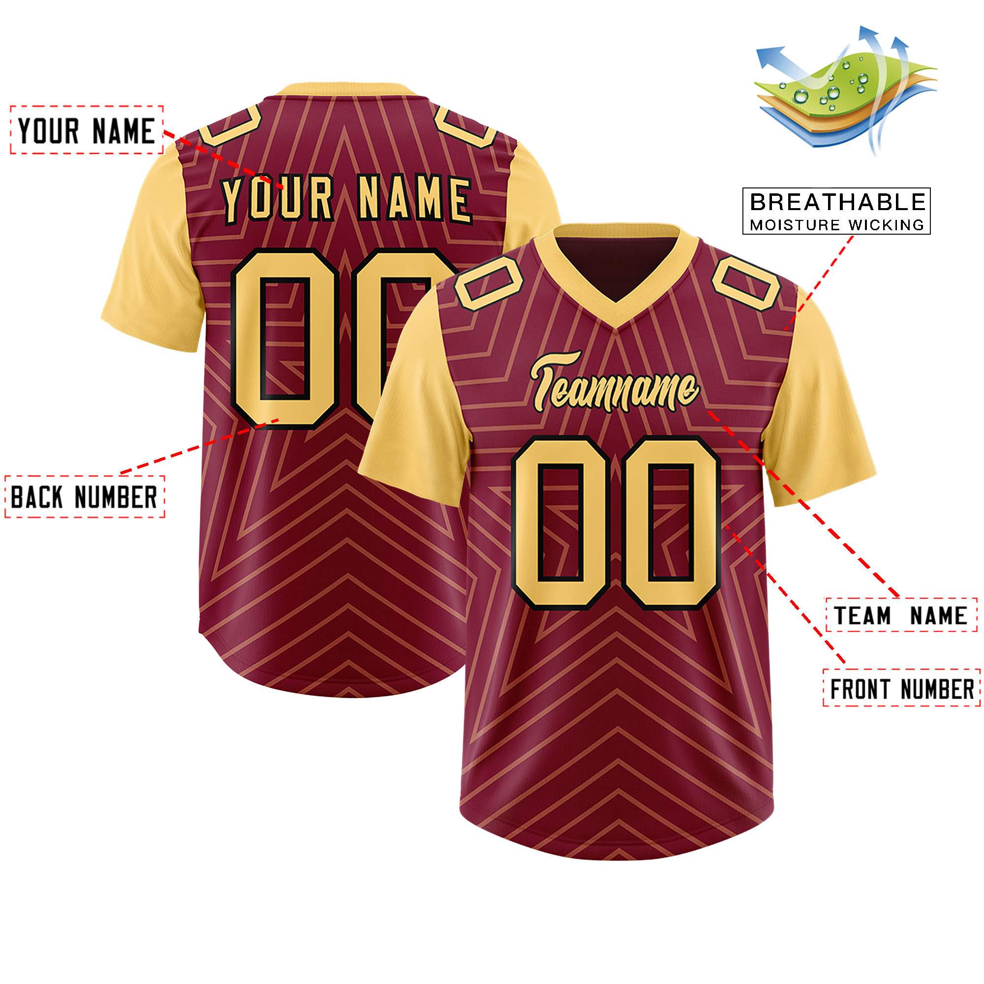 Benutzerdefiniertes Cardinal Khaki personalisiertes Sternmuster mit Raglanärmeln, authentisches Fußballtrikot