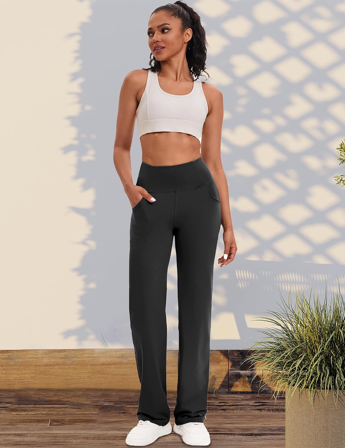 Women's High Waist Straight Leg Yoga Pants with Pockets