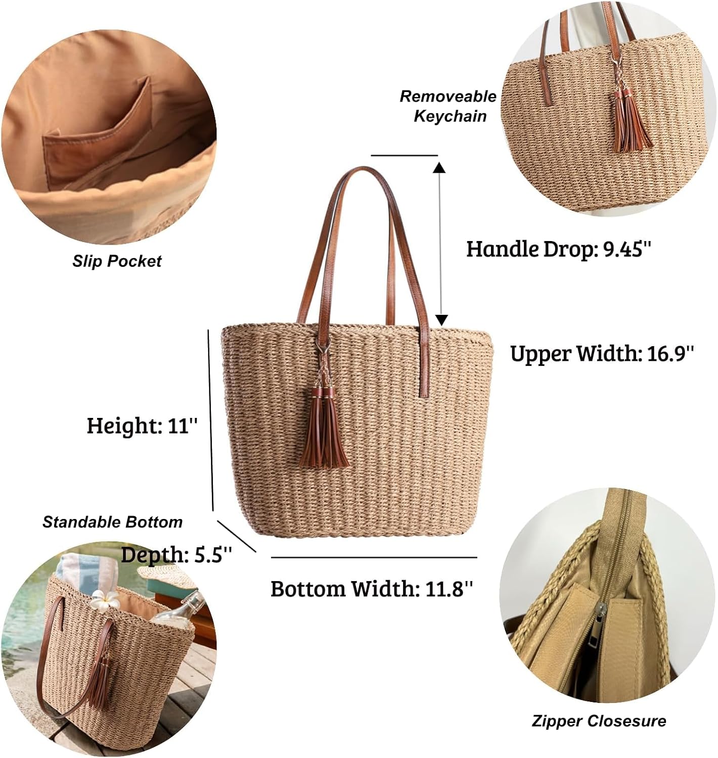 Women's Straw Tote Bag Beige Tassel