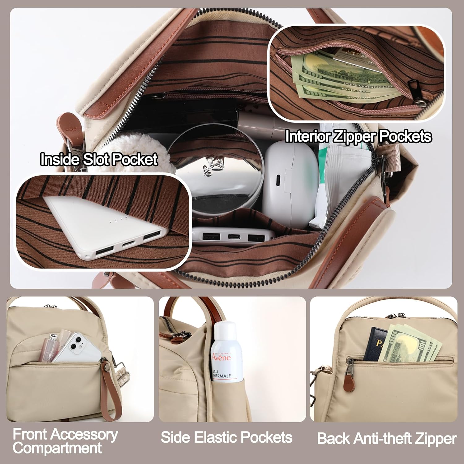 Women's Water-Resistant Nylon Top-Handle Crossbody Bag, Beige Women's Water-Resistant Nylon Top-Handle Crossbody Bag, Beige